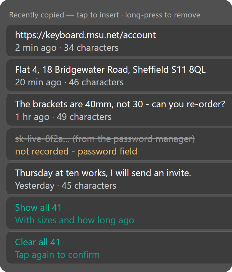 The clipboard history, with a password-manager clip shown as not recorded