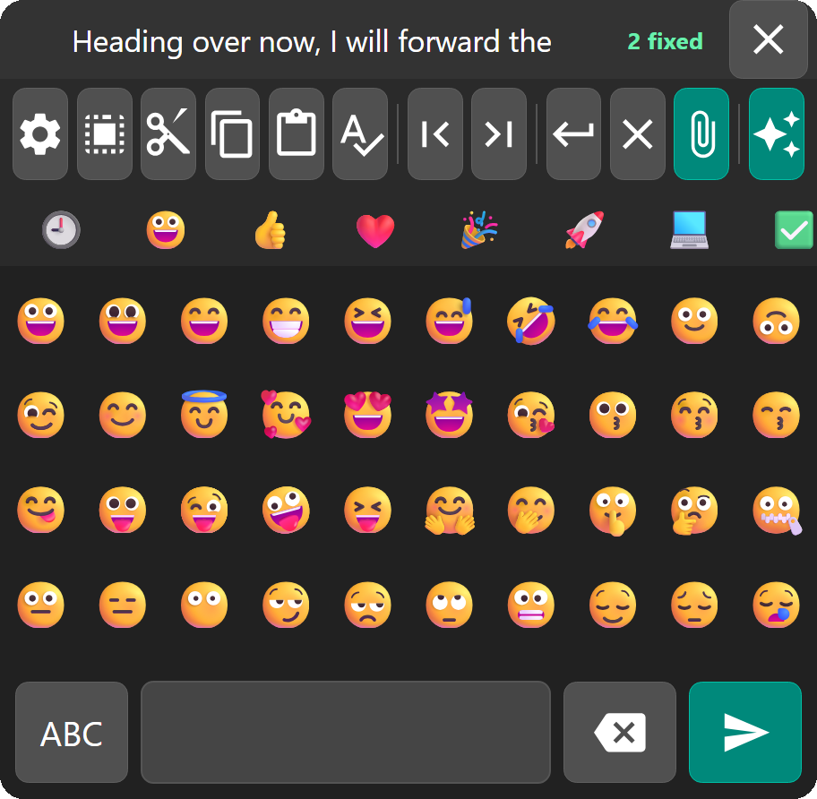 The emoji panel, showing category tabs and a grid of faces