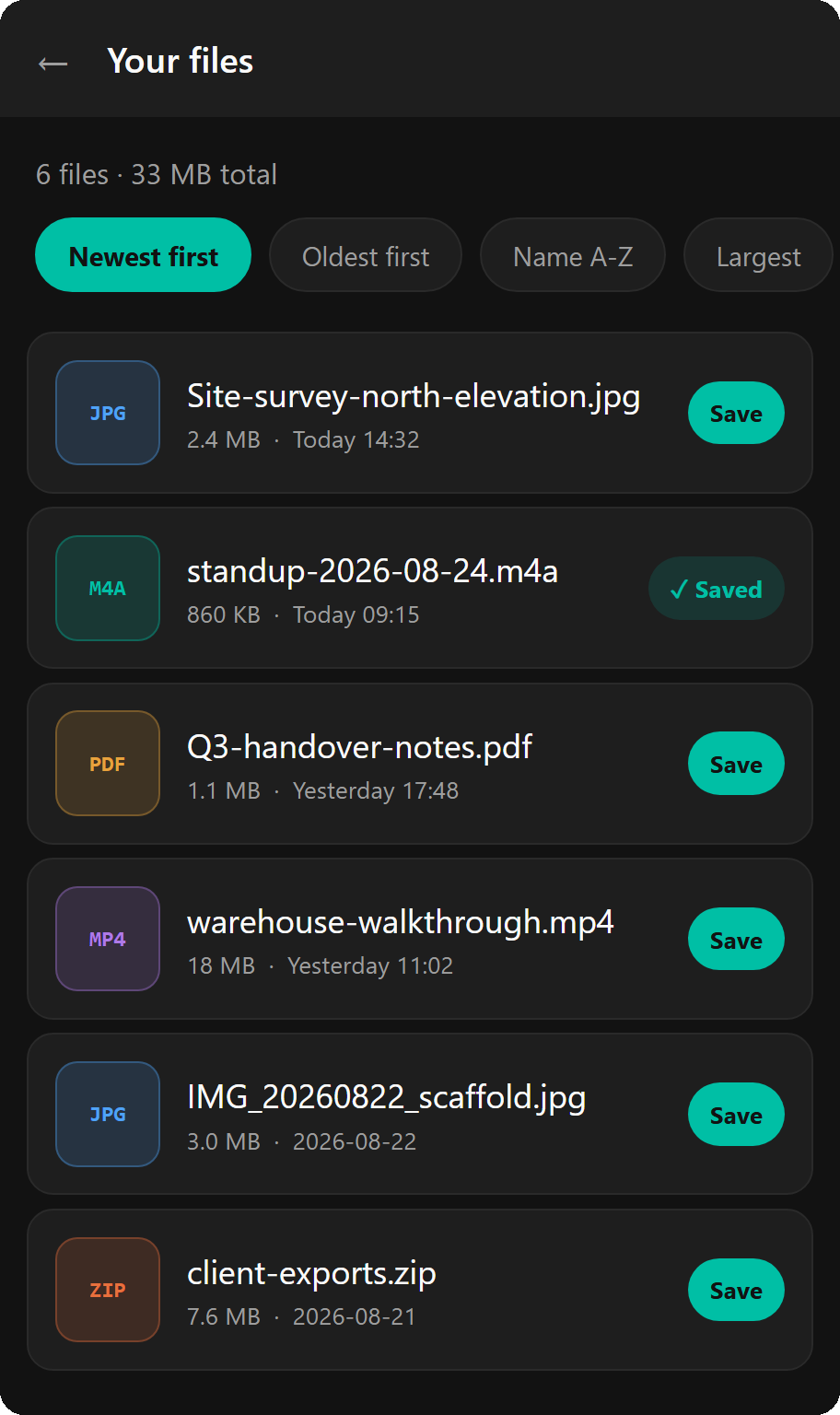 The file browser, listing uploaded files with coloured type badges and a Save button on each row