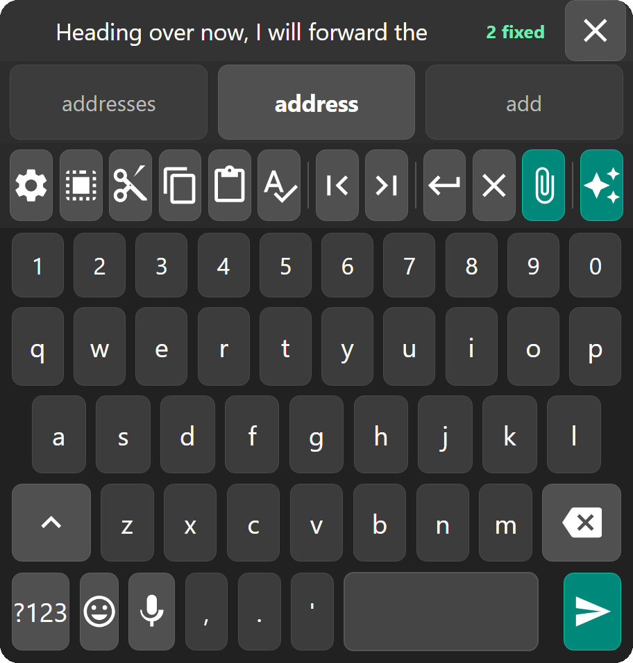 The QWERTY layout with a number row and three word suggestions