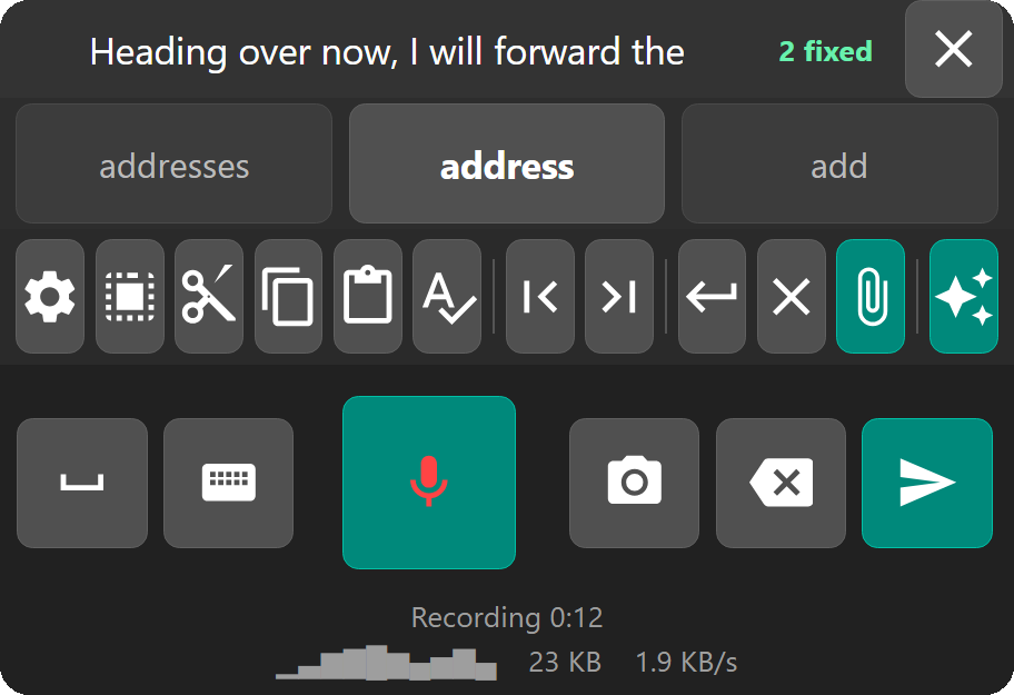 The voice panel while recording: a red microphone, the elapsed time, a level meter, and the size and rate of the audio so far