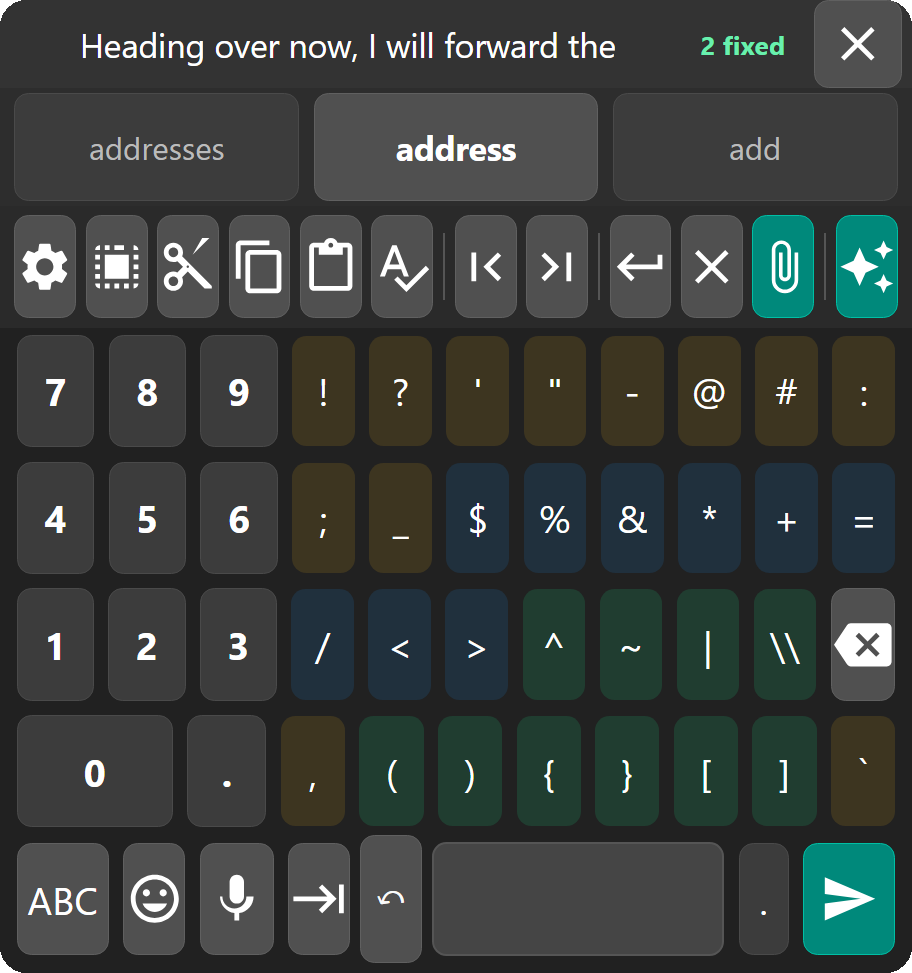 The symbol panel, showing numbers, punctuation and currency signs